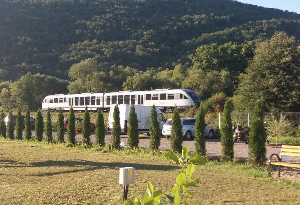 Tren alb trecând pe calea ferată de lângă pajiștea resortului, printre plopi
